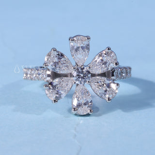 Round Pear Moissanite Flower Cluster Engagement Ring front view with upright centre stone
