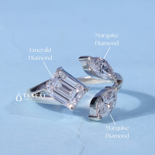 Three Stone Marquise Moissanite Emerald Cut Engagement Ring with centre stone measurement details