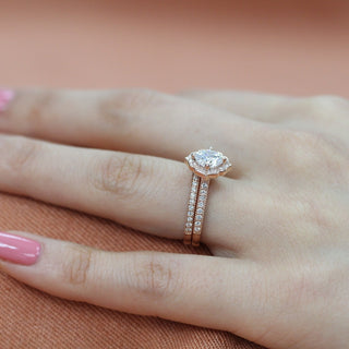 1.0CT Floral Cushion Cut Moissanite Halo Bridal Engagement Ring Set