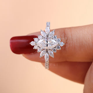 1.0ct Marquise Cut Cluster Halo Diamond Moissanite Vintage Style Engagement Rings Couple