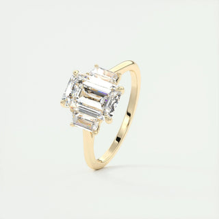 Sparkling 1.91ct emerald three stone moissanite ring overhead view