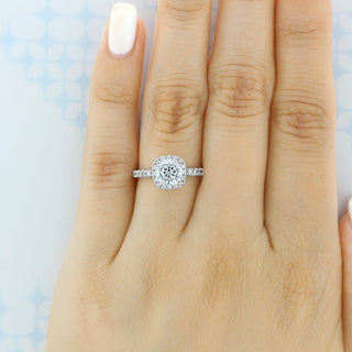 Sparkling 1.0ct round halo moissanite ring angled view showing its sparkle image 2
