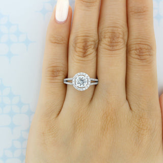 Shimmering 1.0ct round halo moissanite ring front view