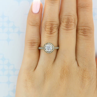 1.0ct Round Cut Halo Pave Cathedral Diamond Moissanite Engagement Ring