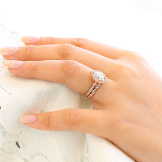 Exquisite 1.50ct pear halo moissanite ring close up of the setting