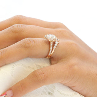 Brilliant 1.60ct pear halo moissanite ring close up of the setting