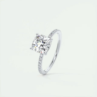 Lustrous 2.15ct cushion solitaire moissanite ring close up of the setting