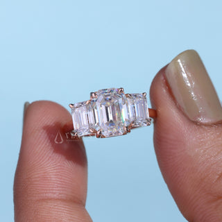 Brilliant 2.0ct emerald three stone moissanite ring front view