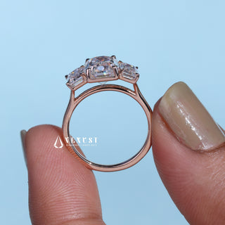 Brilliant 2.0ct emerald three stone moissanite ring side profile view