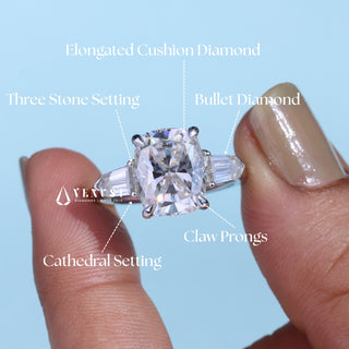Timeless 2.50ct cushion three stone moissanite ring top view
