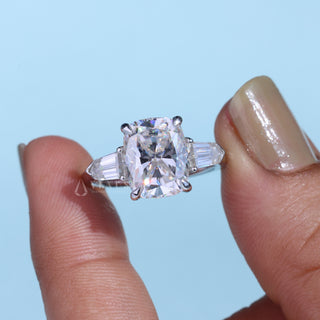 Timeless 2.50ct cushion three stone moissanite ring front view