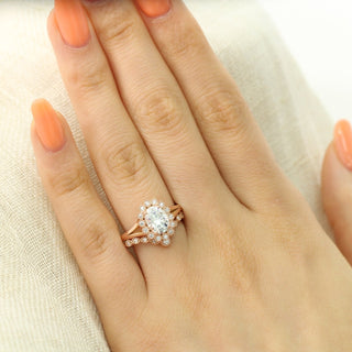 Radiant 1.50ct oval halo moissanite ring shown on a finger