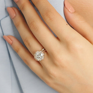 Graceful 2.30ct cushion halo moissanite ring shown on a finger