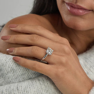 Gorgeous 1.0ct cushion solitaire moissanite ring tilted view catching the light