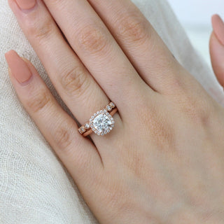 Delicate 2.30ct cushion halo moissanite ring detail view of the band