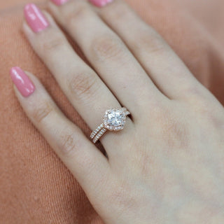 1.0CT Floral Cushion Cut Moissanite Halo Bridal Engagement Ring Set