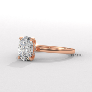 Hidden halo oval moissanite ring close up  Oval Halo Solitaire detail view 5
