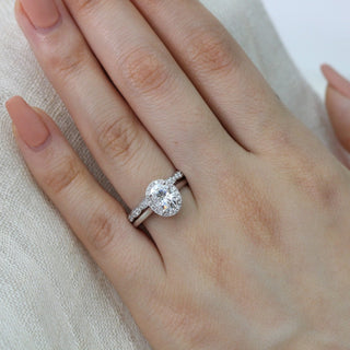 Vintage 1.50ct oval halo moissanite ring overhead view