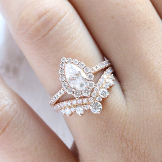 1.0CT Pear Cut Solitaire Moissanite Halo Pave Bridal Engagement Ring Set