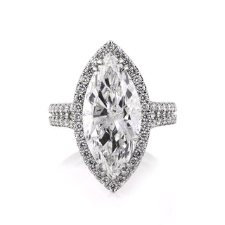 Elongated marquise moissanite halo pave ring side detail view