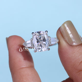 Timeless 2.50ct cushion three stone moissanite ring angled view showing its sparkle