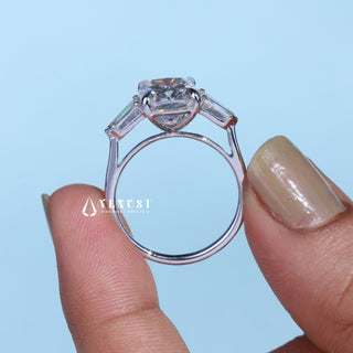 Timeless 2.50ct cushion three stone moissanite ring side profile view