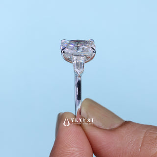 Timeless 2.50ct cushion three stone moissanite ring close up of the setting