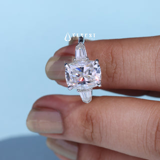 Timeless 2.50ct cushion three stone moissanite ring three quarter angled view