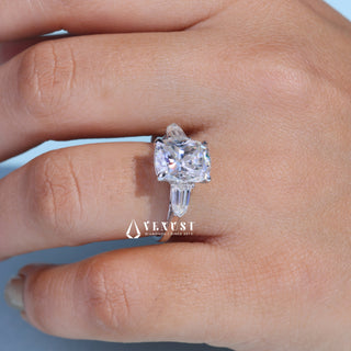 Timeless 2.50ct cushion three stone moissanite ring detail view of the band