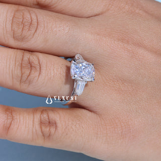 Timeless 2.50ct cushion three stone moissanite ring sparkle close up