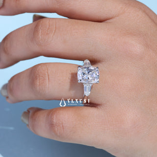 Timeless 2.50ct cushion three stone moissanite ring overhead view