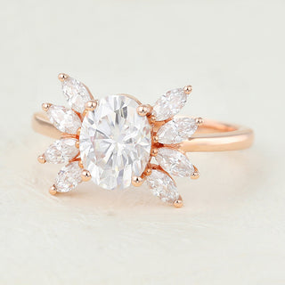 1.33 CT Oval Cut Cluster Halo Moissanite Engagement Ring on hand