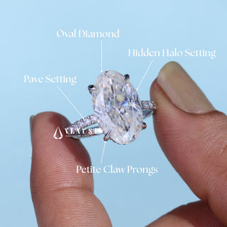 Graceful 6.0ct oval hidden halo moissanite ring three quarter angled view