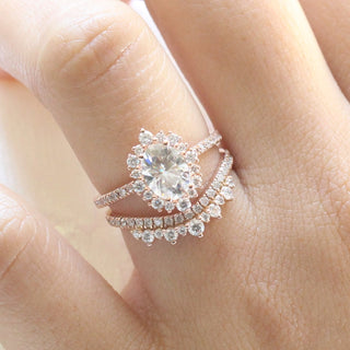 1.50CT Oval Cut Moissanite Tiara Halo Pave Bridal Engagement Ring Set