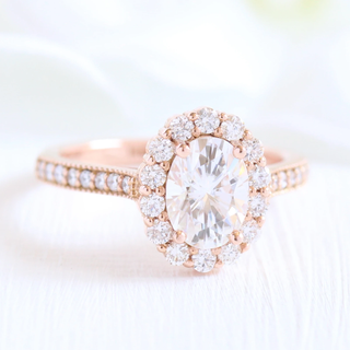 Stunning 1.50ct oval halo moissanite ring top view