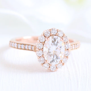 Luminous 1.50ct oval halo moissanite ring top view