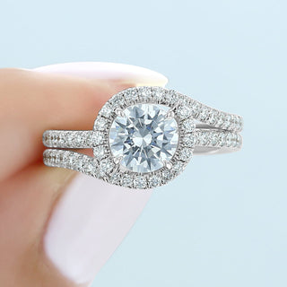 1.0CT Round Cut Halo Spit Shank Diamond Moissanite Engagement Ring