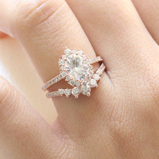 Delicate 1.50ct oval halo moissanite ring front view