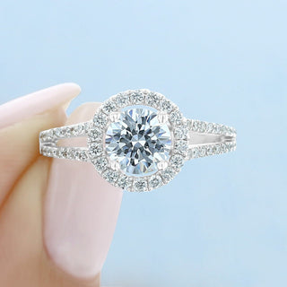 Shimmering 1.0ct round halo moissanite ring angled view showing its sparkle
