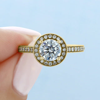 1.0ct Round Cut Halo Pave Cathedral Diamond Moissanite Engagement Ring