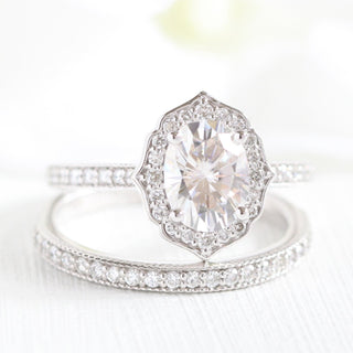 1.50CT Vintage Floral Oval Cut Moissanite Halo Bridal Engagement Ring Set
