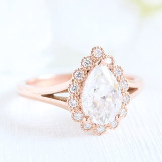 Timeless 1.50ct pear halo moissanite ring top view