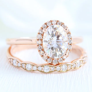 Vintage 1.50ct oval halo moissanite ring angled view showing its sparkle
