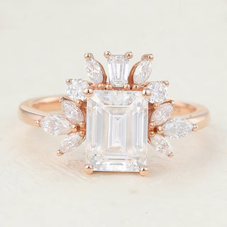 1.60 CT Emerald Brilliant Cluster Moissanite Engagement Ring front view