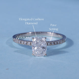 Pave Elongated Cushion Cut Moissanite Ring with centre stone measurement details