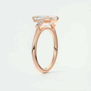 Sparkling 1.91ct emerald three stone moissanite ring angled view showing its sparkle
