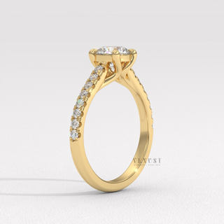 Rose gold round cut moissanite ring on hand  Round Half Pave Cathedral detail view 7