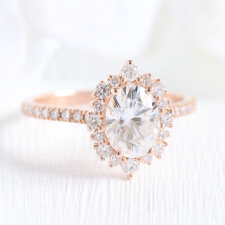 Classic 1.50ct oval halo moissanite ring three quarter angled view
