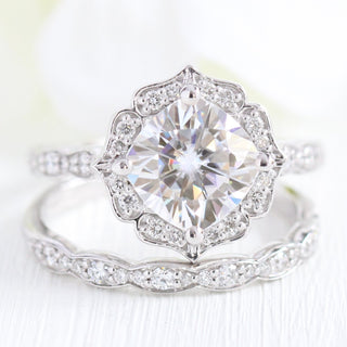 Graceful 2.30ct cushion halo moissanite ring detail view of the band