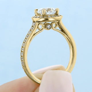 1.0ct Round Cut Halo Pave Cathedral Diamond Moissanite Engagement Ring